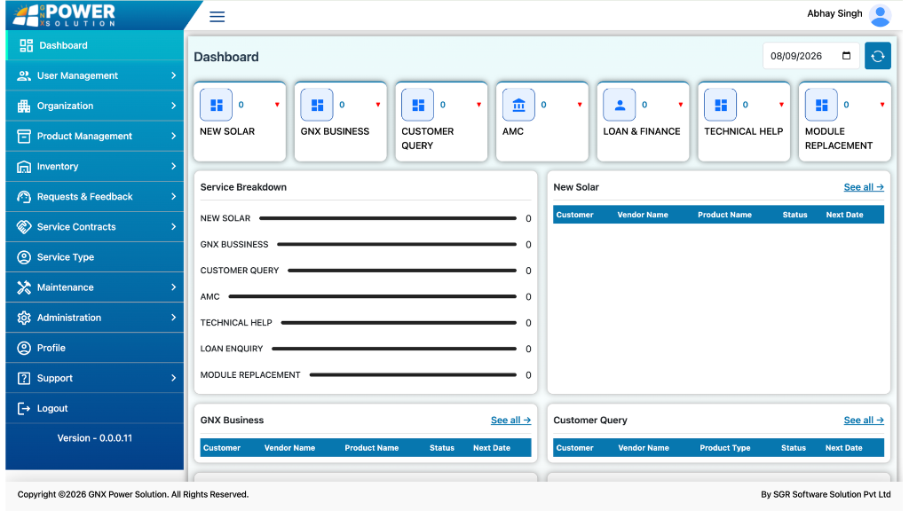 GNX Power Solution — Operations & CRM Platform - Solar Operations Web Platform Case Study | SGR Software Solution