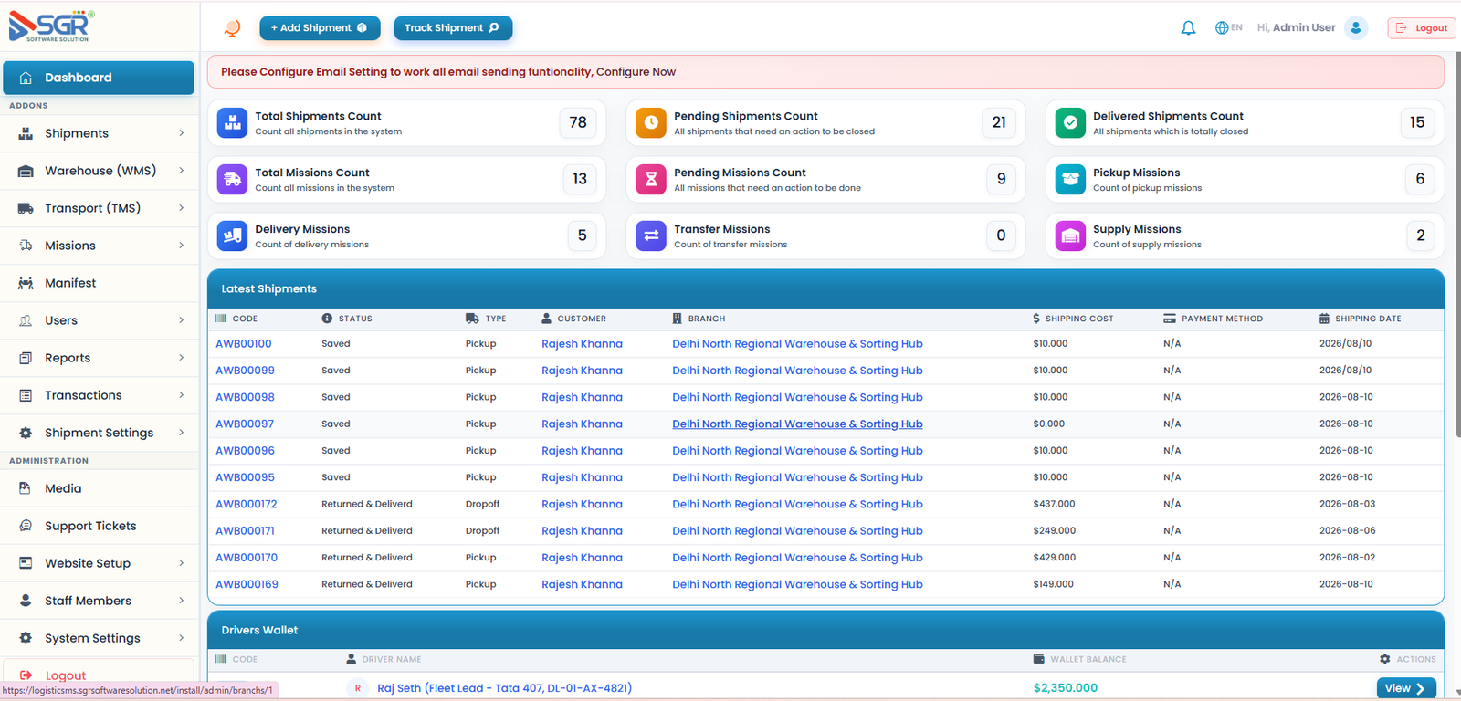 Logistics Management System (L MS) - Admin Dashboard
